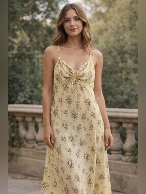 Abercrombie & Fitch Soft Yellow Floral Lace-Front Maxi Dress